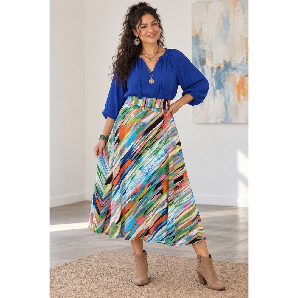 Boho Whimsigoth Fairygrunge Flowy Multicolor Stripe FoldoverWaist Midi 2X Skirt